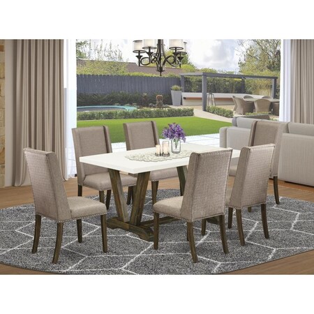 East West Furniture 7 Piece V-Style Small Dining Table Set - Dark Khaki V726FL716-7